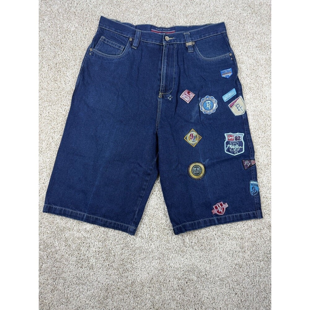 Phat Farm Denim Shorts Mens 34 Blue Embroidered Patch Logo Hip Hop Y2K Baggy